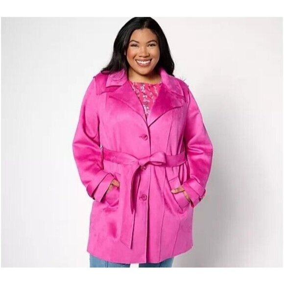Isaac Mizrahi Jackets & Blazers - Isaac Mizrahi Live! Scuba Suede Trench with Stitching Detail Fuchsia Kiss, Large